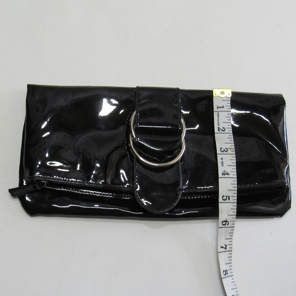 Ladies Hobo Black Faux Patent Leather Fold Over Clutch Handbag Formal Purse - Picture 9 of 11